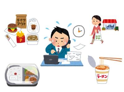 忙しく働いている男の人の周りにお弁当やラーメンテイクアウトの絵がある画像