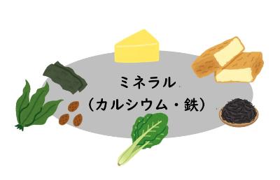 ミネラルの文字の周りに海草、チーズ、厚揚げ、ひじき、小松菜のイラストがある画像