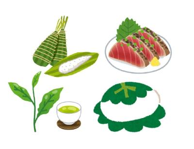 ちまきと鰹のたたきと新茶と柏餅のイラスト