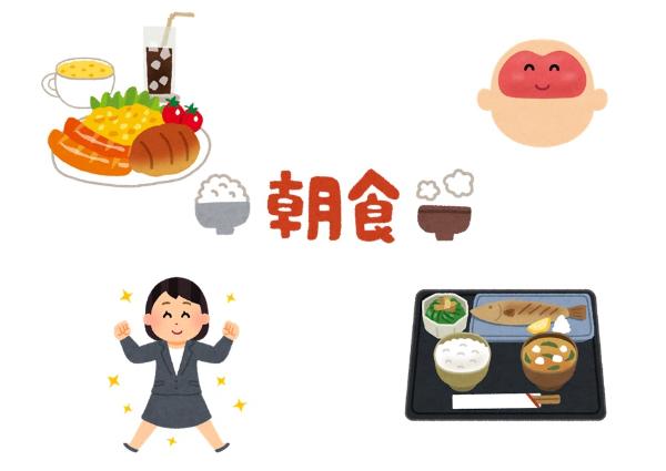 洋食と和食の朝ごはんと元気な女の人と元気な脳のイラスト