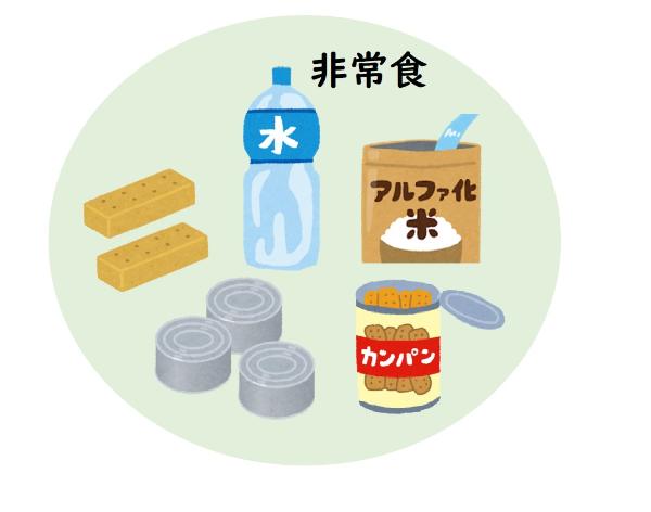 水と乾パンと缶詰とシリアルバーとアルファ化米を非常食としてまとめたイラスト