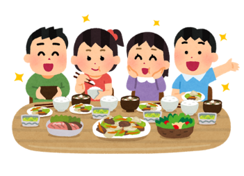 みんなでご飯を食べいるイラスト