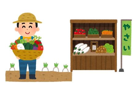 収穫した野菜をもって畑の中に立っている農家の男の人と無人販売のイラスト