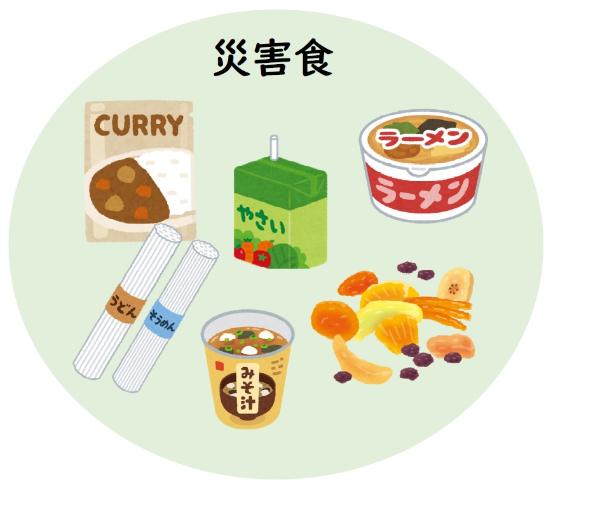 レトルトカレーと野菜ジュースとドライフルーツとカップラーメン等、災害食となるものをまとめたイラスト