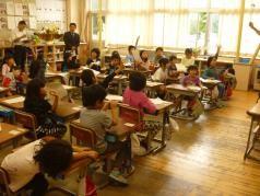 小学校の授業の中で手を挙げる子供たちの写真