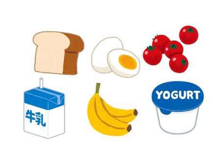 食パンとゆで卵とミニトマトと牛乳とバナナとヨーグルトのイラスト