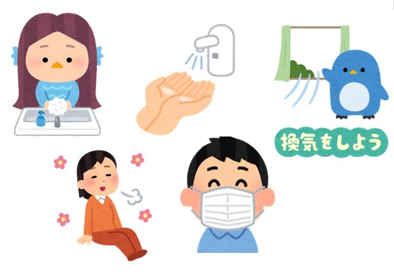 感染症予防に必要な手洗い、消毒、換気、休養、マスク着用のイラスト