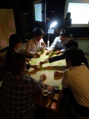 6名の参加者たちが自分の意見や提案を書いた紙を机の上で見せあって話し合っている写真