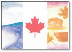 カナダ国旗の左に瀑布、真ん中にメープルの葉、右にメープルシロップをかけているパンケーキとメープルの葉が描かれた作品