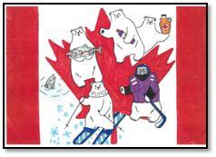カナダ国旗の真ん中で熊4頭がスキーやアイスホッケー、鮭を採っている作品