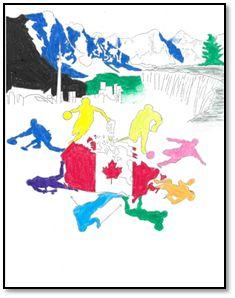 上部に山脈、中央にカナダ国旗の周りでスポーツをしている人たちが描かれた作品