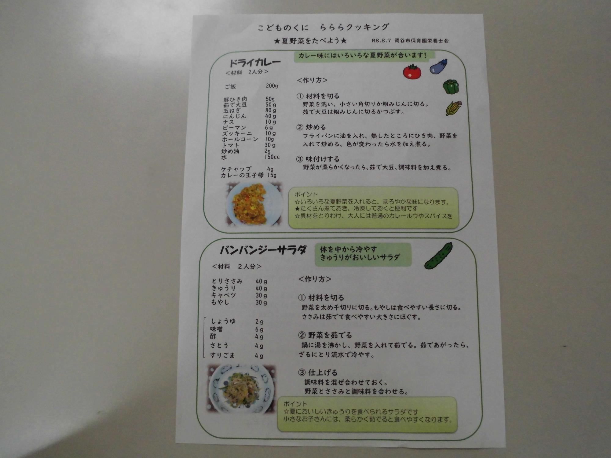 料理講座のレシピ