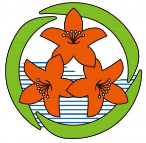 三輪の花が描かれた岡谷市看護専門学校校章のデザインイラスト