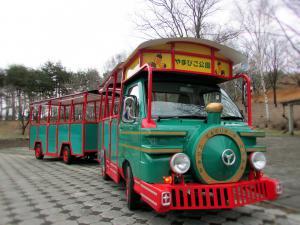 園内を周遊する車体が緑色の電車型の車のどんぐりポッポの写真