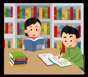 図書室で読書をする女の子と書きものをする男の子のイラスト