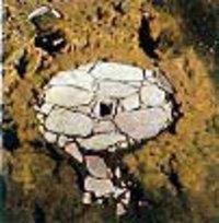黄土色の地面に石が敷かれた梨久保遺跡の敷石住居の写真