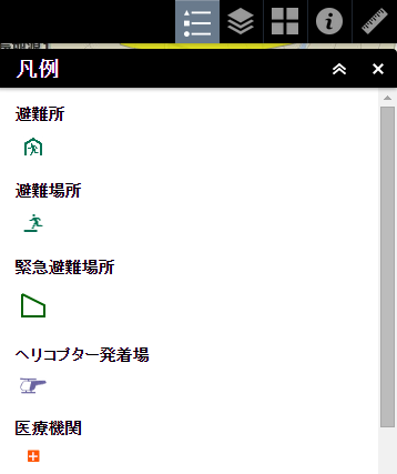 避難所・避難場所・緊急避難場所・ヘリコプター発着場・医療機関が表示された凡例の画面キャプチャ