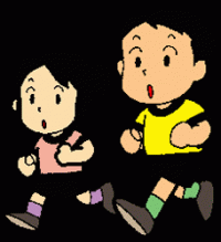 黒い背景色が使われている中で女の子と男の子がマラソンをしているイラスト