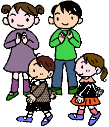 2人の大きな男の子と女の子が2人の小さな男の子と女の子が歩いているのを拍手で迎えているイラスト