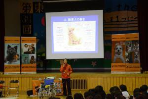 ステージの上にパネルやプロジェクターがあり下で日本聴導犬協会の方が講演をしている写真